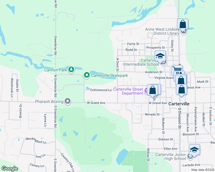 map of restaurants, bars, coffee shops, grocery stores, and more near 804 Cottonwood Lane in Carterville