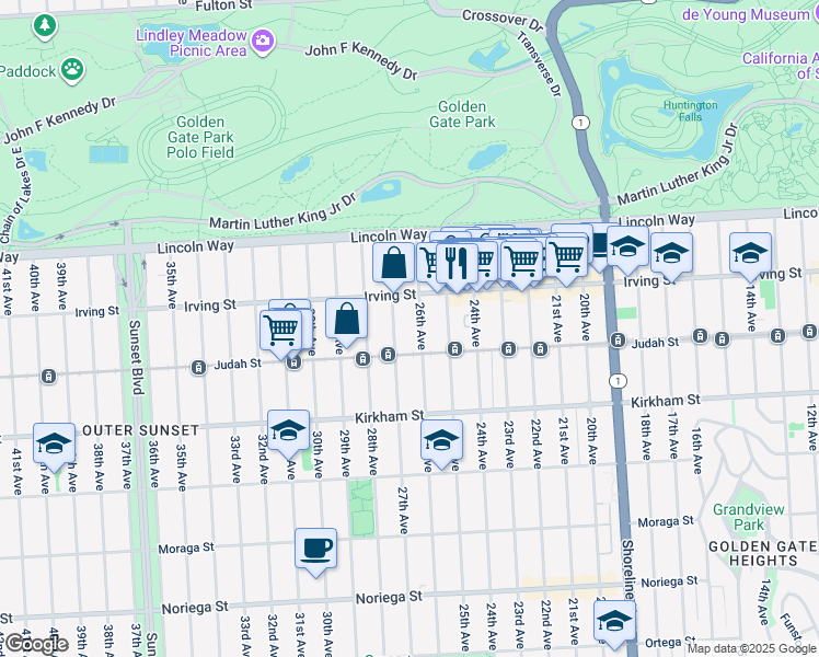 map of restaurants, bars, coffee shops, grocery stores, and more near 1334 27th Avenue in San Francisco