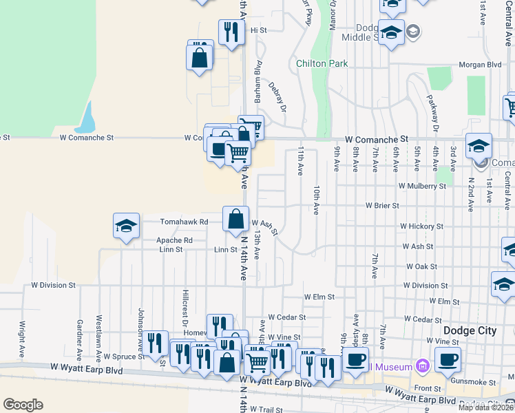 map of restaurants, bars, coffee shops, grocery stores, and more near 1500 13th Avenue in Dodge City