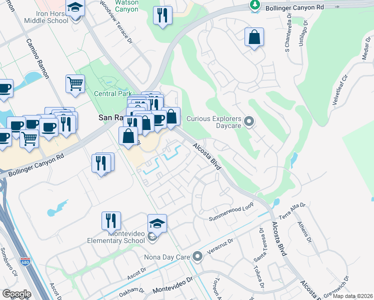 map of restaurants, bars, coffee shops, grocery stores, and more near 215 Reflections Drive in San Ramon