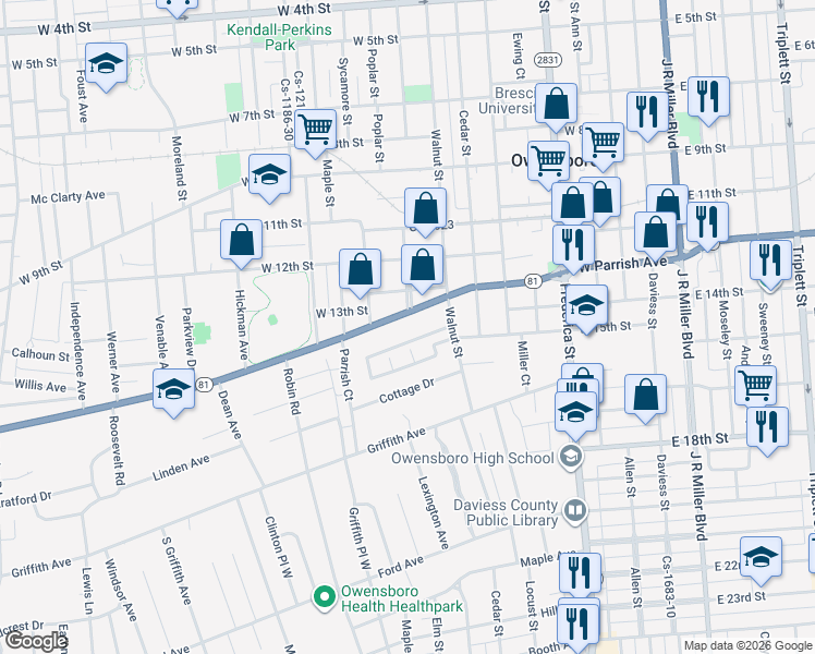 map of restaurants, bars, coffee shops, grocery stores, and more near 800 West Parrish Avenue in Owensboro
