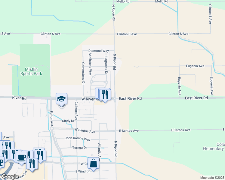 map of restaurants, bars, coffee shops, grocery stores, and more near 1725 North Ripon Road in Ripon