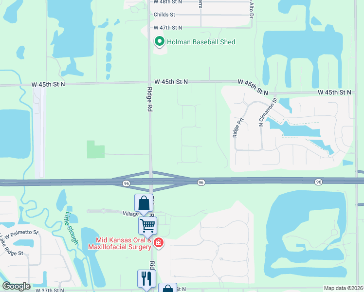 map of restaurants, bars, coffee shops, grocery stores, and more near 4330 North Ridge Road in Wichita