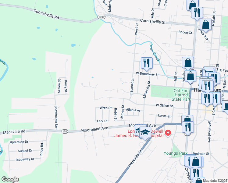 map of restaurants, bars, coffee shops, grocery stores, and more near 618 Belmont Street in Harrodsburg