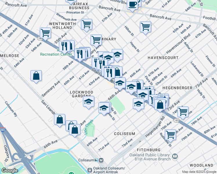 map of restaurants, bars, coffee shops, grocery stores, and more near 1327 65th Avenue in Oakland