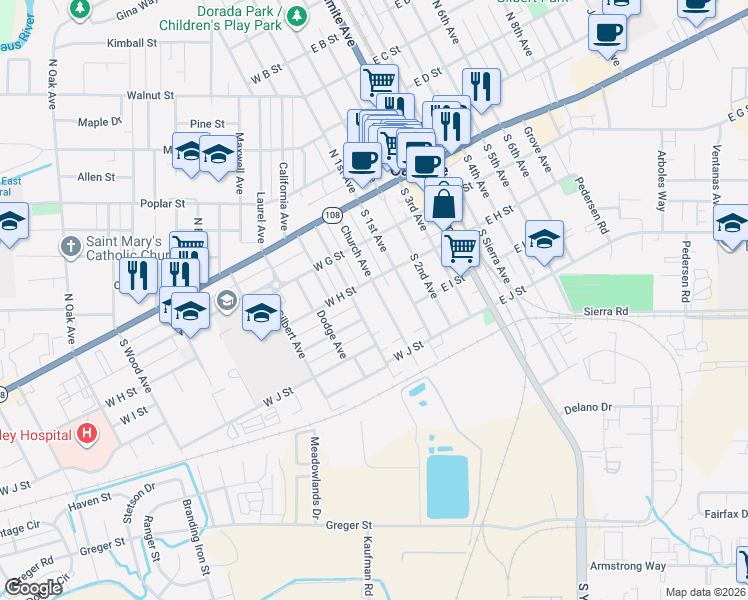 map of restaurants, bars, coffee shops, grocery stores, and more near 310 Church Avenue in Oakdale