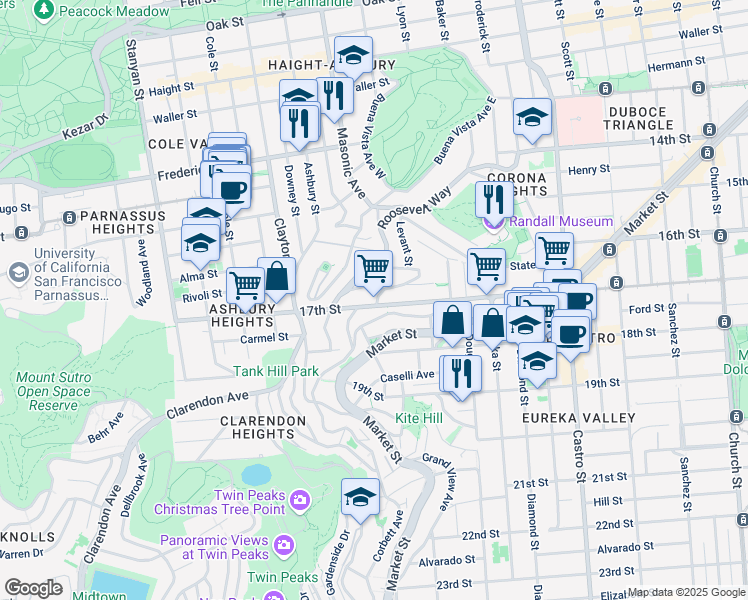 map of restaurants, bars, coffee shops, grocery stores, and more near 125 Saturn Street in San Francisco