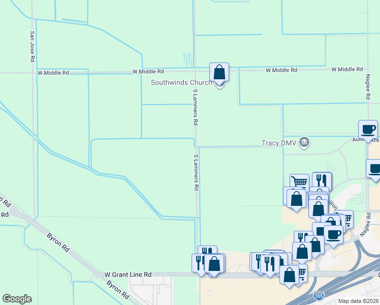 map of restaurants, bars, coffee shops, grocery stores, and more near 21643 South Lammers Road in Tracy
