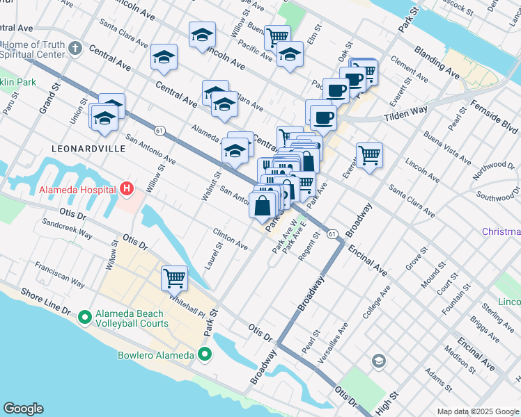 map of restaurants, bars, coffee shops, grocery stores, and more near San Antonio Ave & Oak St in Alameda