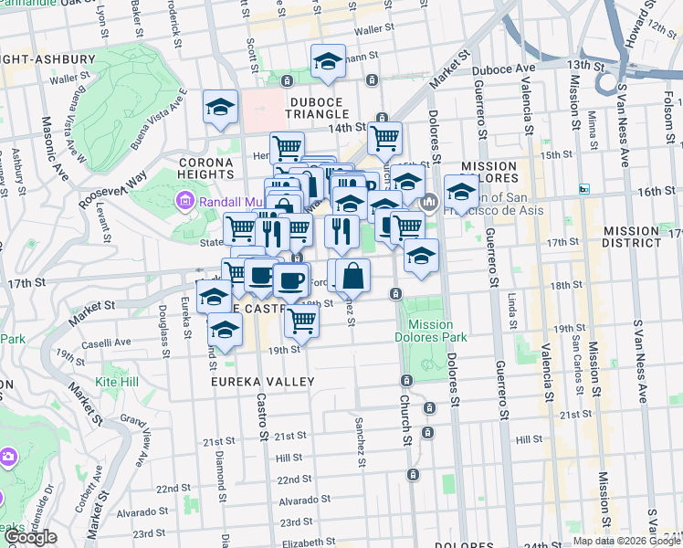 map of restaurants, bars, coffee shops, grocery stores, and more near 3835a 17th Street in San Francisco