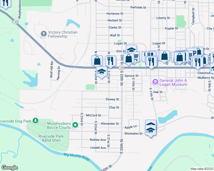map of restaurants, bars, coffee shops, grocery stores, and more near 2125 Spruce Street in Murphysboro