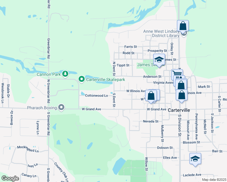 map of restaurants, bars, coffee shops, grocery stores, and more near 101 North Dent Street in Carterville