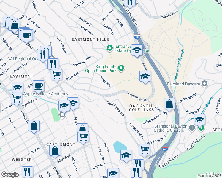 map of restaurants, bars, coffee shops, grocery stores, and more near 8497 Ney Avenue in Oakland