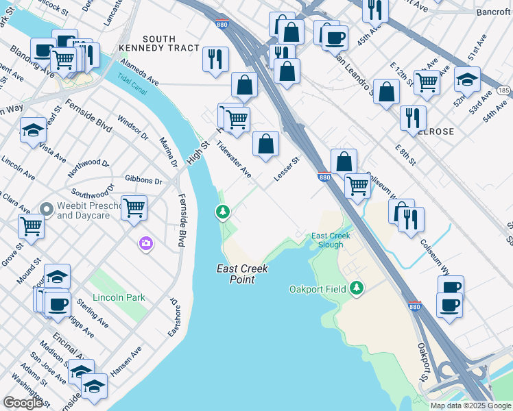 map of restaurants, bars, coffee shops, grocery stores, and more near 4703 Tidewater Ave in Oakland