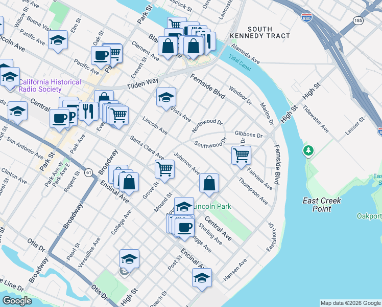 map of restaurants, bars, coffee shops, grocery stores, and more near 2842 Lincoln Avenue in Alameda