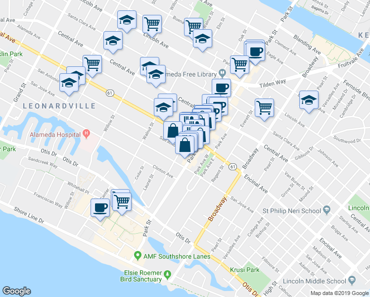 map of restaurants, bars, coffee shops, grocery stores, and more near 1110 Oak Street in Alameda