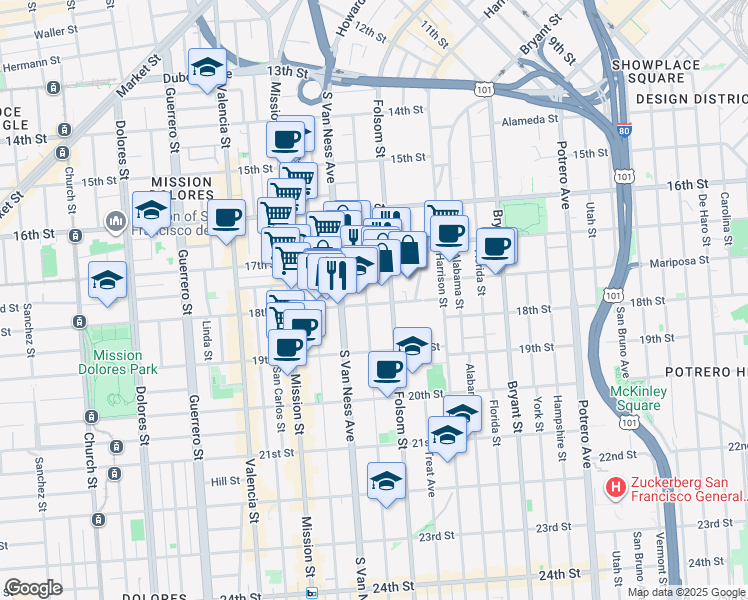 map of restaurants, bars, coffee shops, grocery stores, and more near in San Francisco