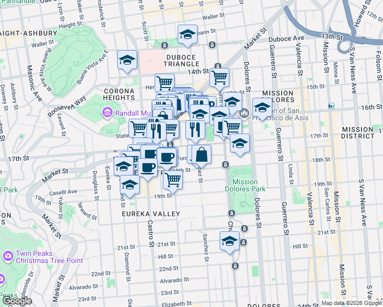 map of restaurants, bars, coffee shops, grocery stores, and more near 3835a 17th Street in San Francisco
