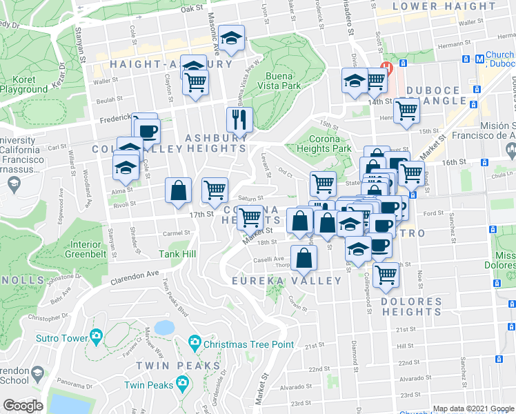 map of restaurants, bars, coffee shops, grocery stores, and more near 53 Saturn Street in San Francisco