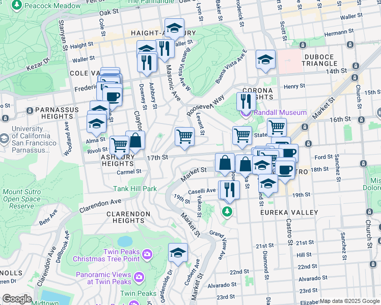 map of restaurants, bars, coffee shops, grocery stores, and more near 125 Saturn Street in San Francisco