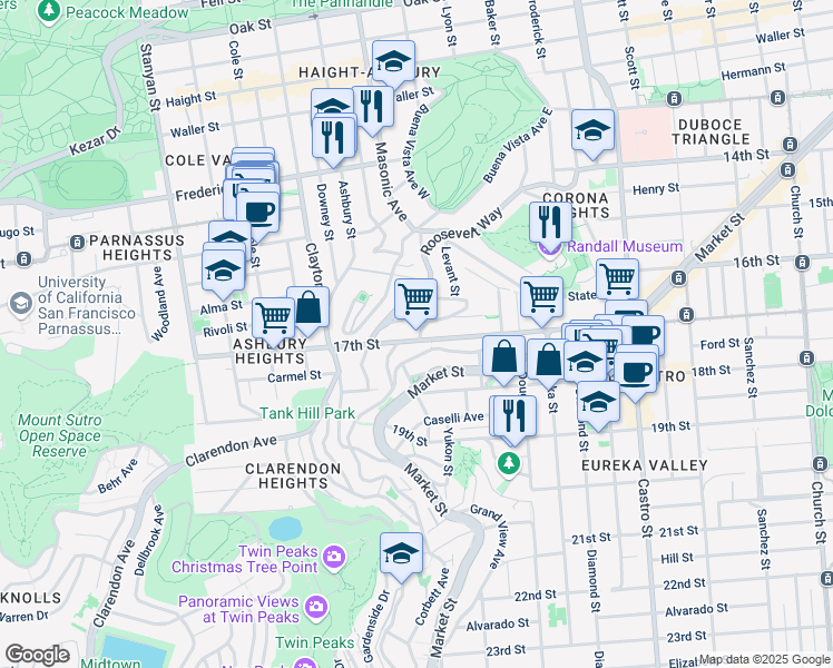 map of restaurants, bars, coffee shops, grocery stores, and more near 125 Saturn Street in San Francisco