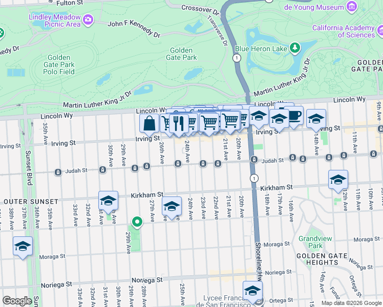 map of restaurants, bars, coffee shops, grocery stores, and more near 1351 24th Avenue in San Francisco