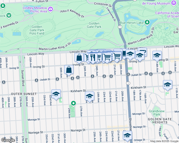 map of restaurants, bars, coffee shops, grocery stores, and more near 1339 25th Avenue in San Francisco