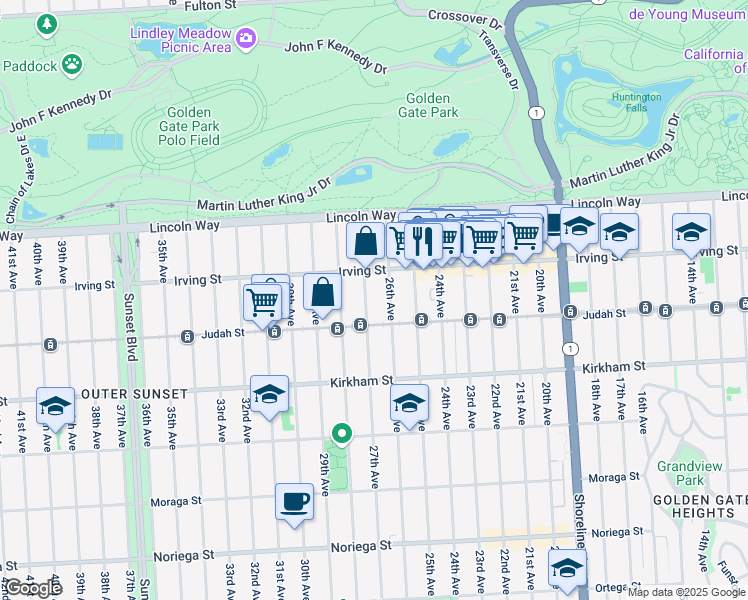 map of restaurants, bars, coffee shops, grocery stores, and more near 1334 27th Avenue in San Francisco