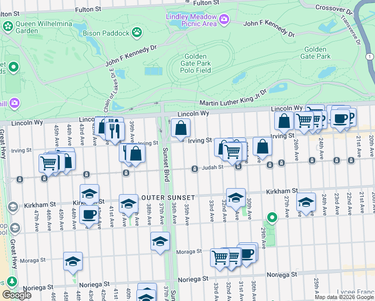 map of restaurants, bars, coffee shops, grocery stores, and more near 3401 Irving Street in San Francisco
