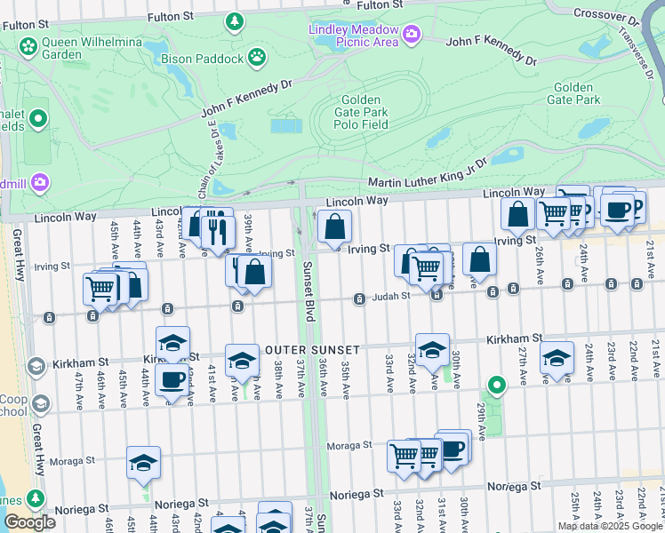 map of restaurants, bars, coffee shops, grocery stores, and more near 3401 Irving Street in San Francisco