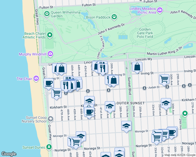 map of restaurants, bars, coffee shops, grocery stores, and more near 3947 Irving Street in San Francisco