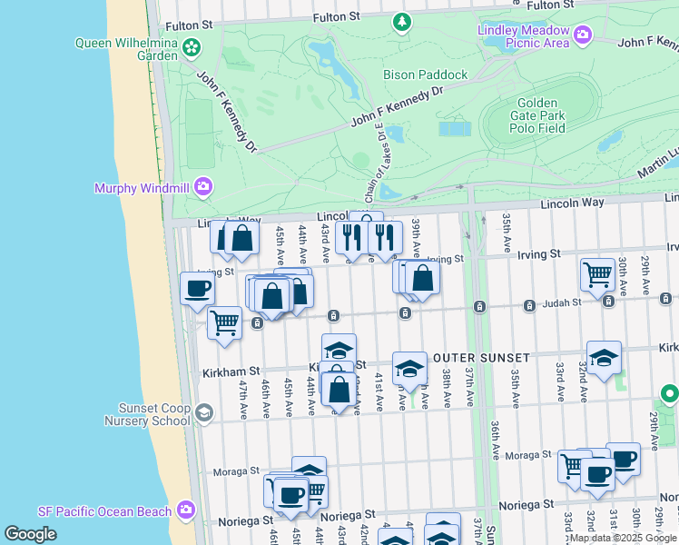 map of restaurants, bars, coffee shops, grocery stores, and more near 4100 Irving Street in San Francisco