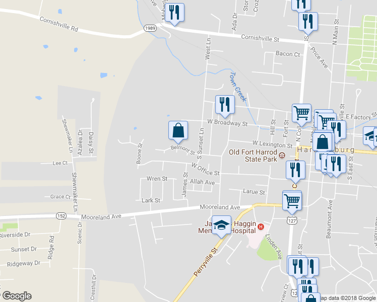 map of restaurants, bars, coffee shops, grocery stores, and more near 605 Belmont Street in Harrodsburg