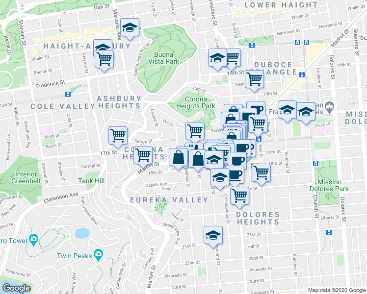 map of restaurants, bars, coffee shops, grocery stores, and more near 4205 17th Street in San Francisco