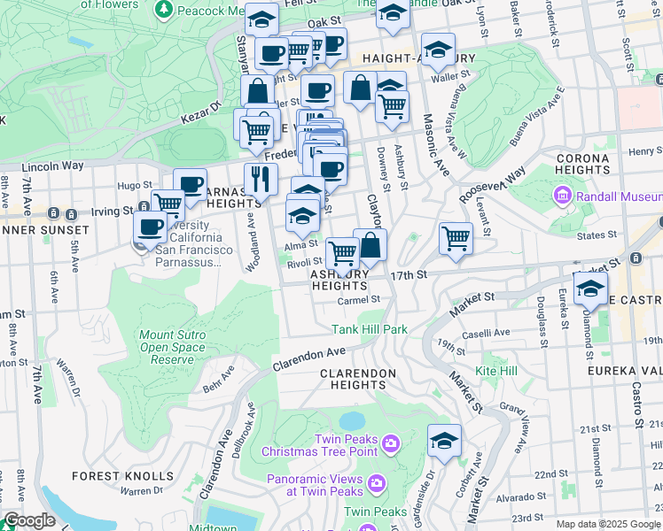 map of restaurants, bars, coffee shops, grocery stores, and more near 1317 Cole Street in San Francisco