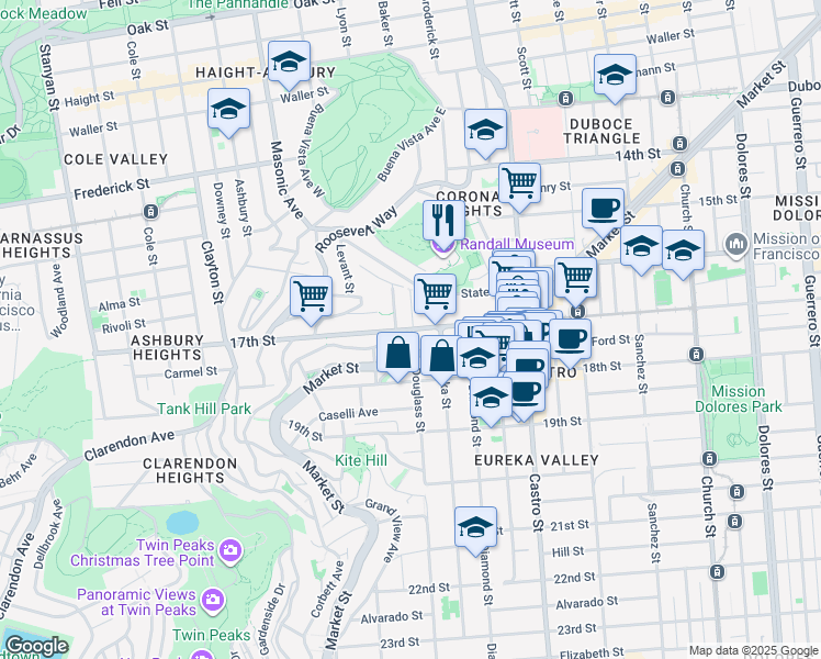 map of restaurants, bars, coffee shops, grocery stores, and more near 2 Corbett Avenue in San Francisco