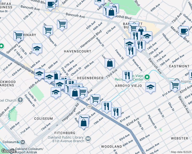 map of restaurants, bars, coffee shops, grocery stores, and more near 7200 Favor Street in Oakland
