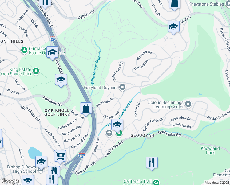 map of restaurants, bars, coffee shops, grocery stores, and more near 8958 Barcelona Street in Oakland