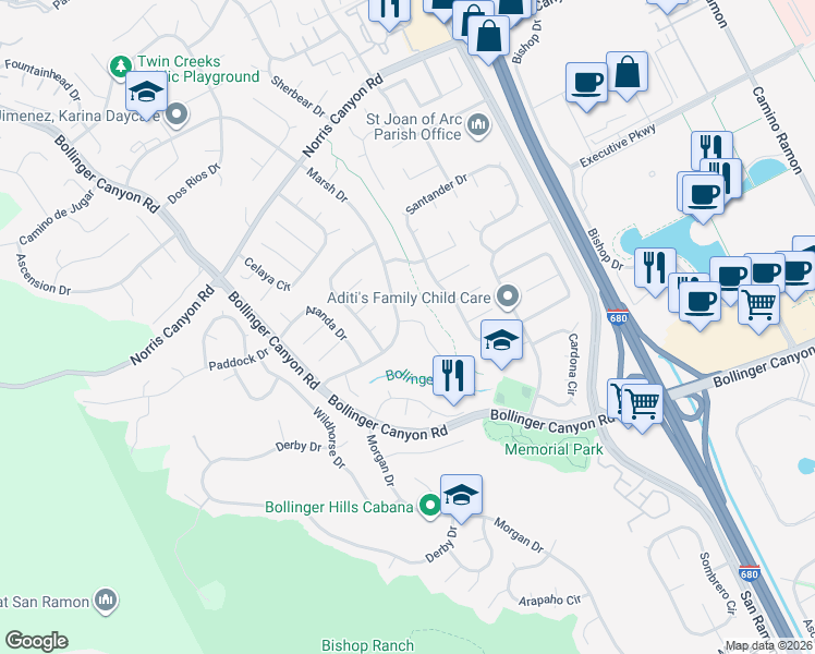 map of restaurants, bars, coffee shops, grocery stores, and more near 105 Rosario Court in San Ramon