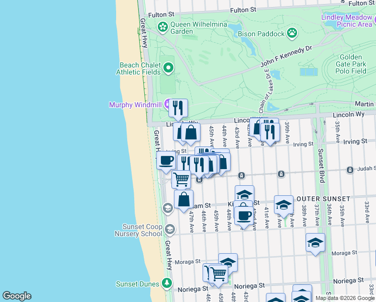 map of restaurants, bars, coffee shops, grocery stores, and more near Irving St & 47th Ave in San Francisco