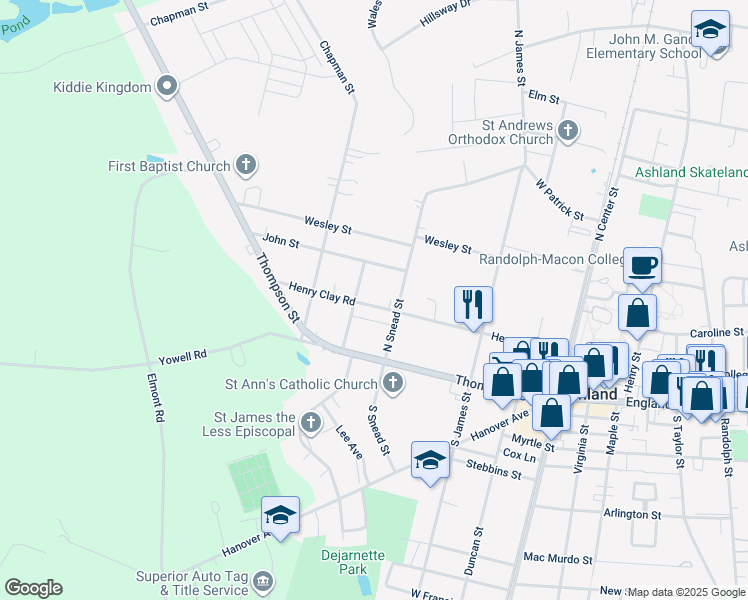 map of restaurants, bars, coffee shops, grocery stores, and more near 306 Henry Clay Road in Ashland