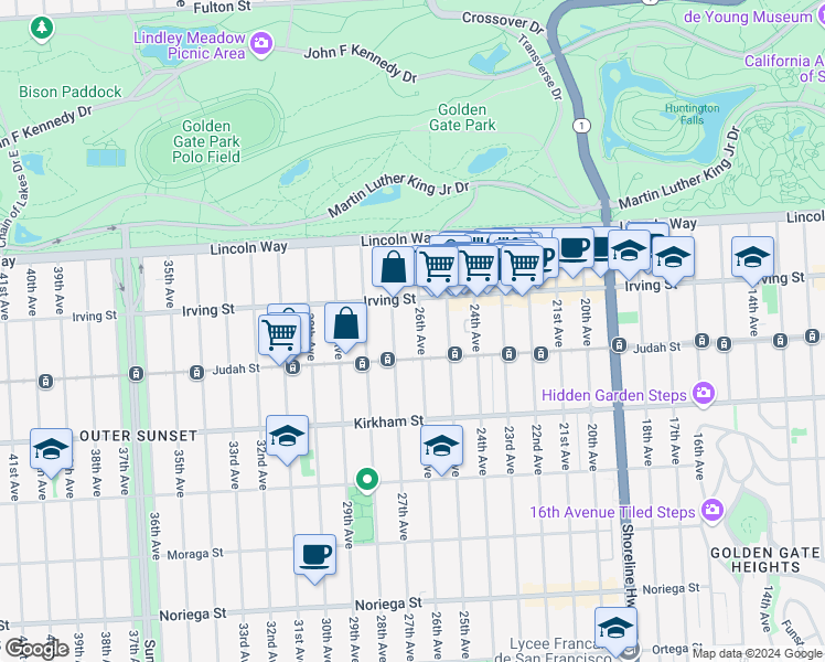 map of restaurants, bars, coffee shops, grocery stores, and more near 1351 26th Avenue in San Francisco