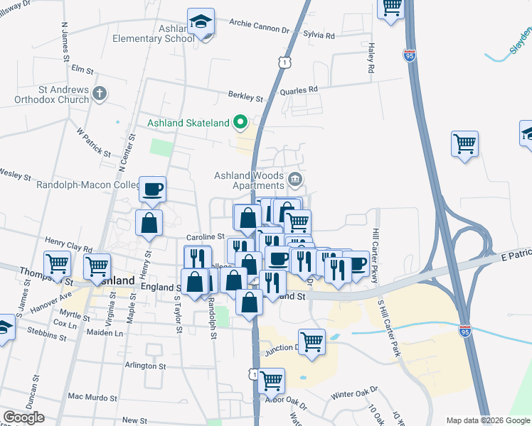 map of restaurants, bars, coffee shops, grocery stores, and more near 1100 West Omni Court in Ashland