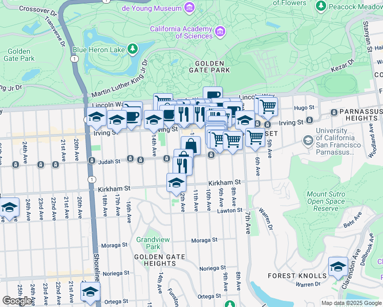 map of restaurants, bars, coffee shops, grocery stores, and more near 2 Judah Street in San Francisco