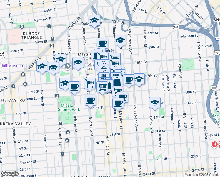 map of restaurants, bars, coffee shops, grocery stores, and more near 661 Valencia Street in San Francisco