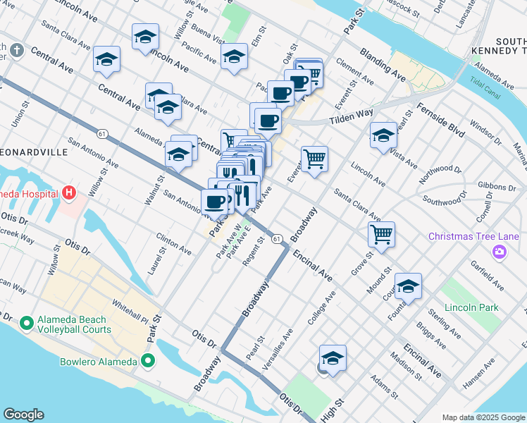 map of restaurants, bars, coffee shops, grocery stores, and more near 1318 Park Avenue in Alameda