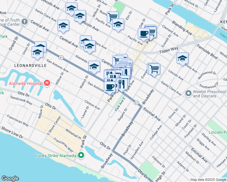 map of restaurants, bars, coffee shops, grocery stores, and more near 1251 Park Street in Alameda