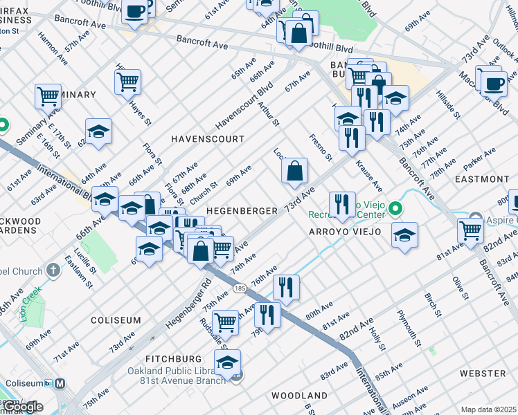 map of restaurants, bars, coffee shops, grocery stores, and more near 7200 Favor Street in Oakland