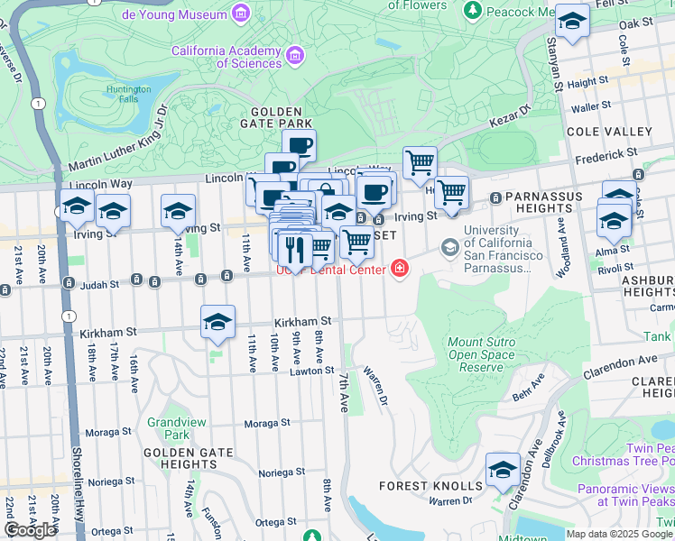map of restaurants, bars, coffee shops, grocery stores, and more near 7th Ave & Judah St in San Francisco