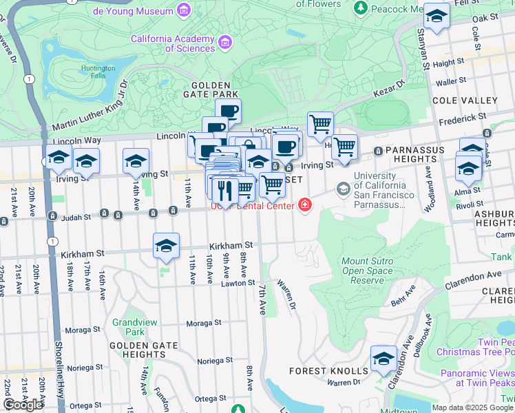 map of restaurants, bars, coffee shops, grocery stores, and more near 1444 7th Avenue in San Francisco